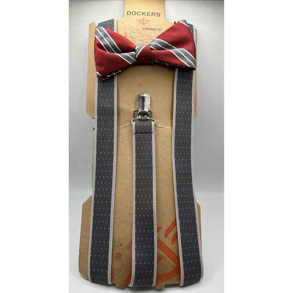 Dockers Bow Tie &‎ Gray Suspender Set Multi Color Burgundy Gray - Picture 1 of 3